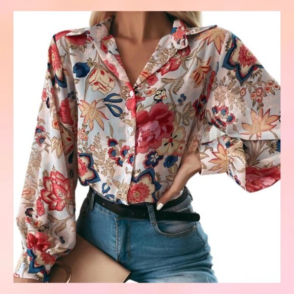 Tops - Women Blouse Lightweight Long Sleeve Flower Shirt Top- Small
